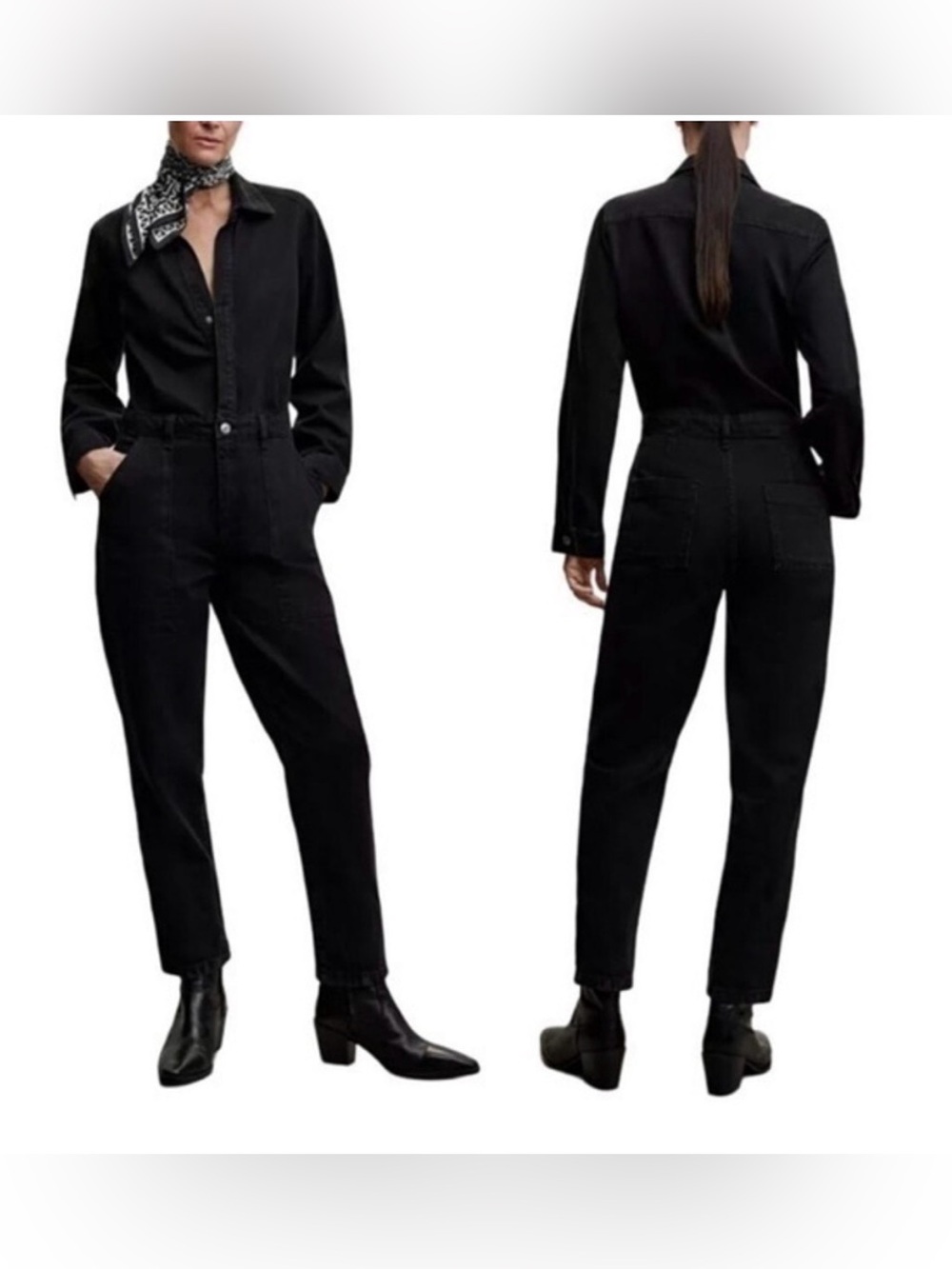 Mango (MNG) Black Long Sleeve Denim Utility Jumpsuit